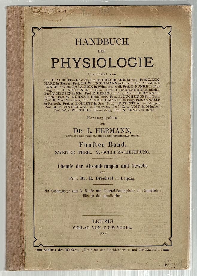 Item #171 Handbuch der Physiologie der Absonderung und Aufsaugung. Dr. L. Hermann.